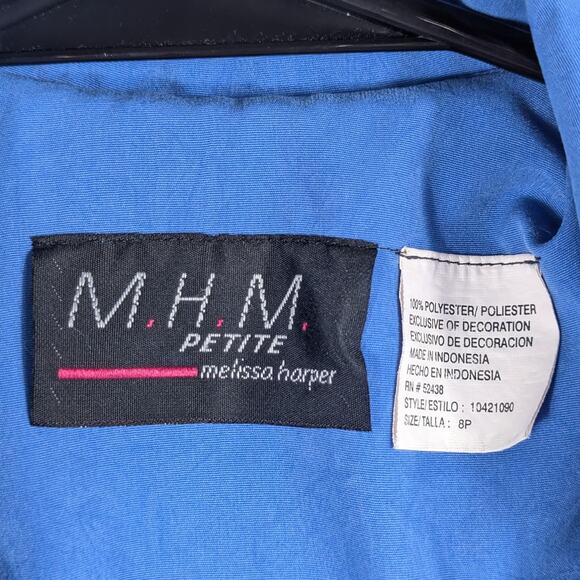 MHM Melissa Harper Petite 8P Blue Two Piece Set Shirt Pants Embellished Floral - Picture 4 of 6